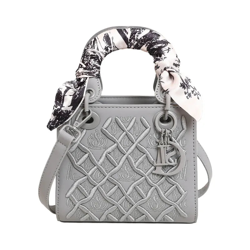 Fashionable and Luxurious Women's Single-shoulder Bag, Embroidered Checkered Silk Scarf Decorated Handbag, 8560