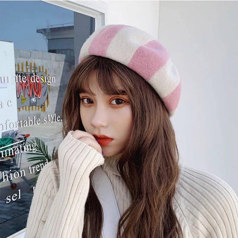 Women's Hat 100% Wool Beret Knitted Tweed Contrast Stripe Japanese Painter British Retro Autumn Winter Hats