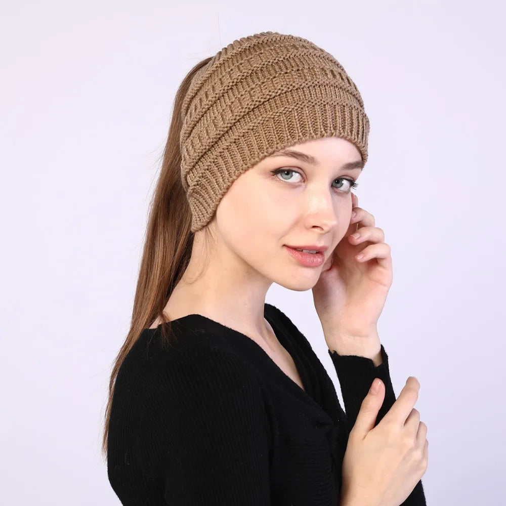 hats for women knitted hat cotton winter beanies with ponytails black knit fleece pink Autumn Solid Color ladies cap