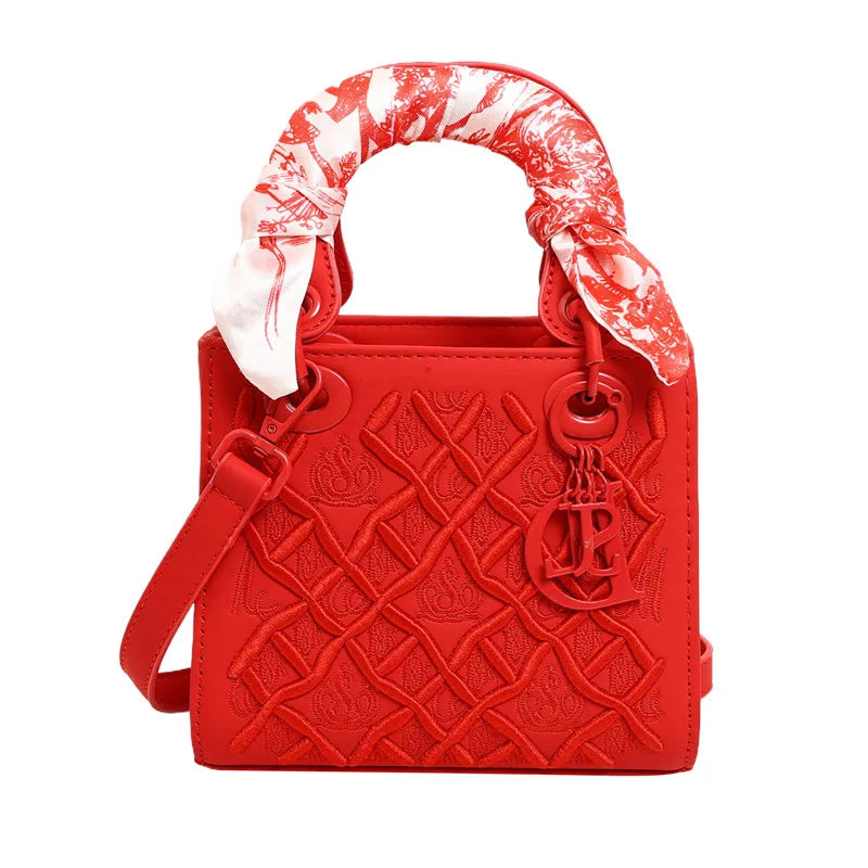 Fashionable and Luxurious Women's Single-shoulder Bag, Embroidered Checkered Silk Scarf Decorated Handbag, 8560