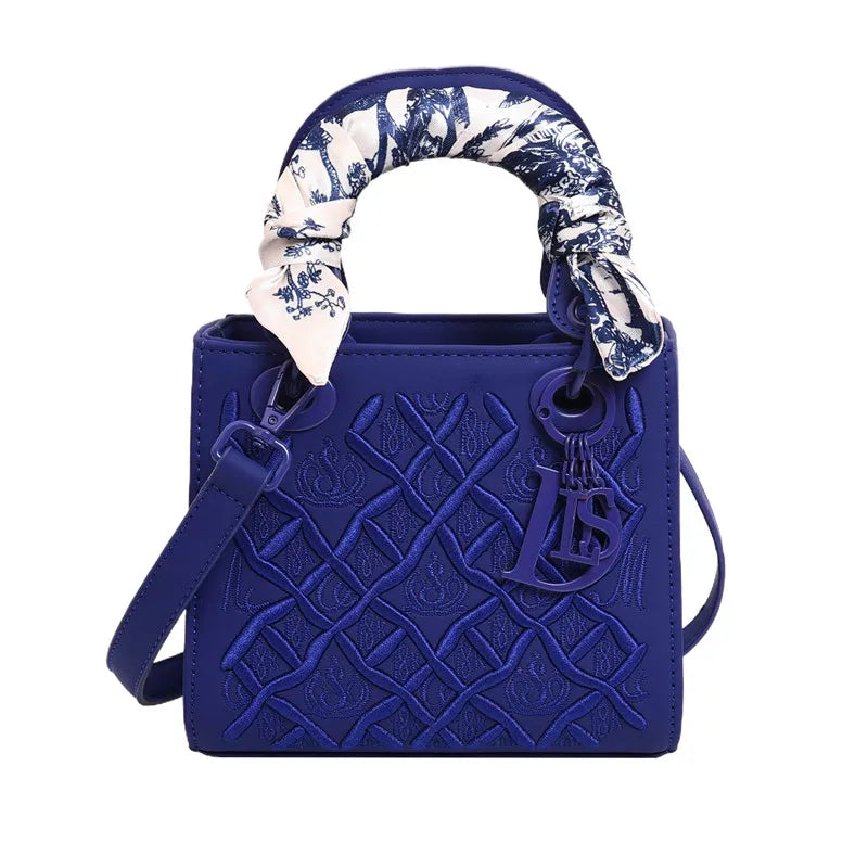 Fashionable and Luxurious Women's Single-shoulder Bag, Embroidered Checkered Silk Scarf Decorated Handbag, 8560