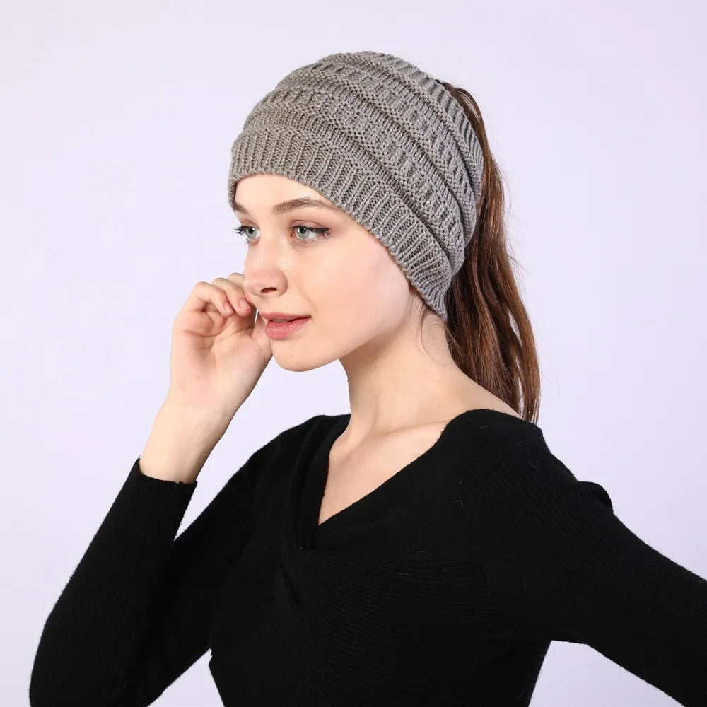 hats for women knitted hat cotton winter beanies with ponytails black knit fleece pink Autumn Solid Color ladies cap