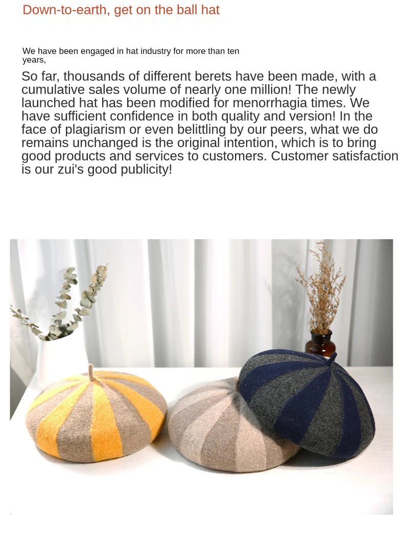 Women's Hat 100% Wool Beret Knitted Tweed Contrast Stripe Japanese Painter British Retro Autumn Winter Hats