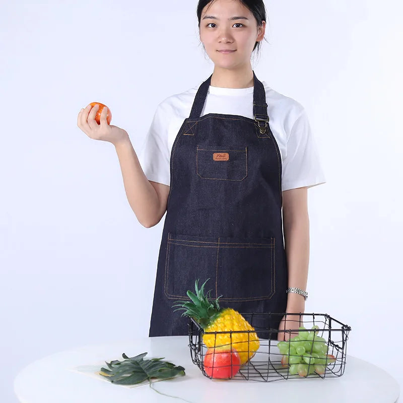 Kitchen Apron Unisex Denim Aprons Adjustable Men Women Apron with Pocket Chefs Cooking Baking Home Cleaner Tool Halter