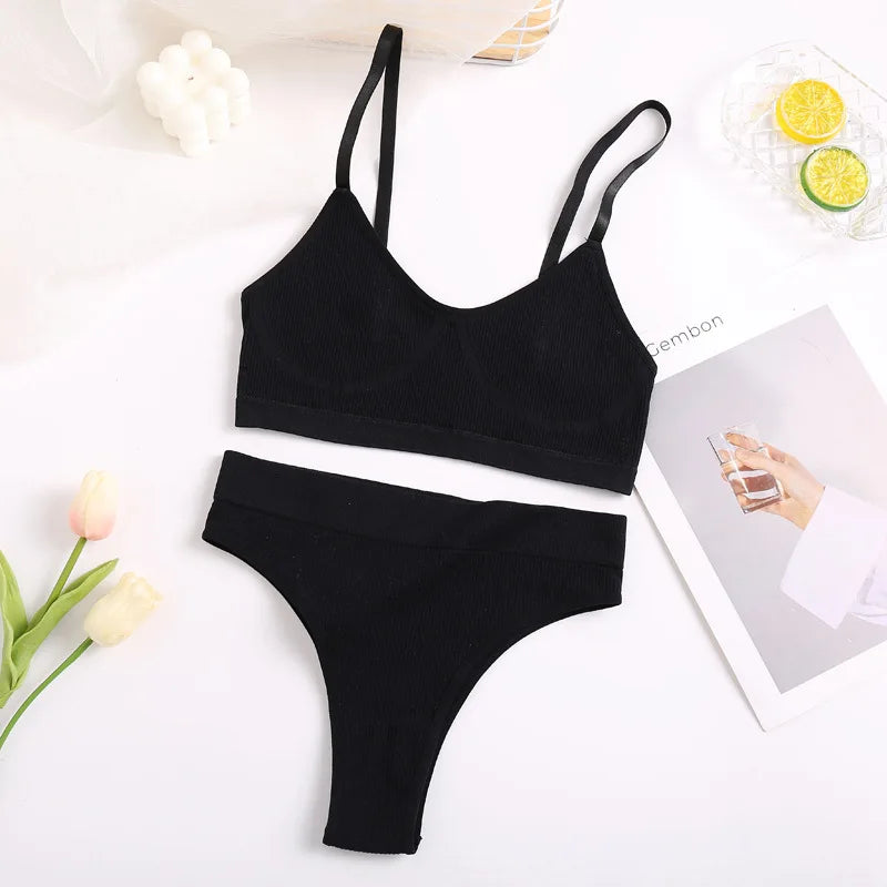 Women Bra Set Sexy Lingerie Female Underwear Set Bralette Ribbed Tops Girls Fashion Brassiere Basic Stretchy Tank Crop Tops