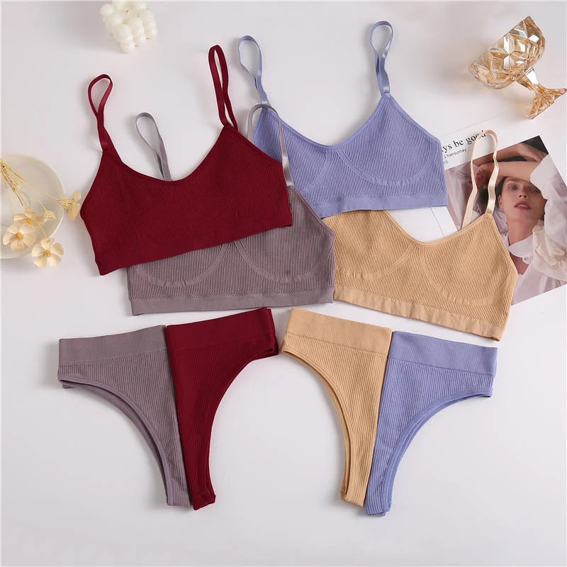 Women Bra Set Sexy Lingerie Female Underwear Set Bralette Ribbed Tops Girls Fashion Brassiere Basic Stretchy Tank Crop Tops