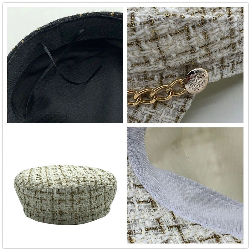 Hot Wool hat cap for women casual streetwear rope flat cap elegant solid autumn winter warm Metal chain beret hat female