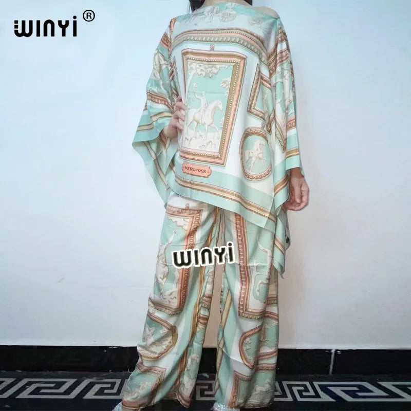 العبايات  two-piece suit Bohemian Printed Over Size V-neck Batwing Sleeve Dress Women Elastic Silk Floor Length New Fashion Tide