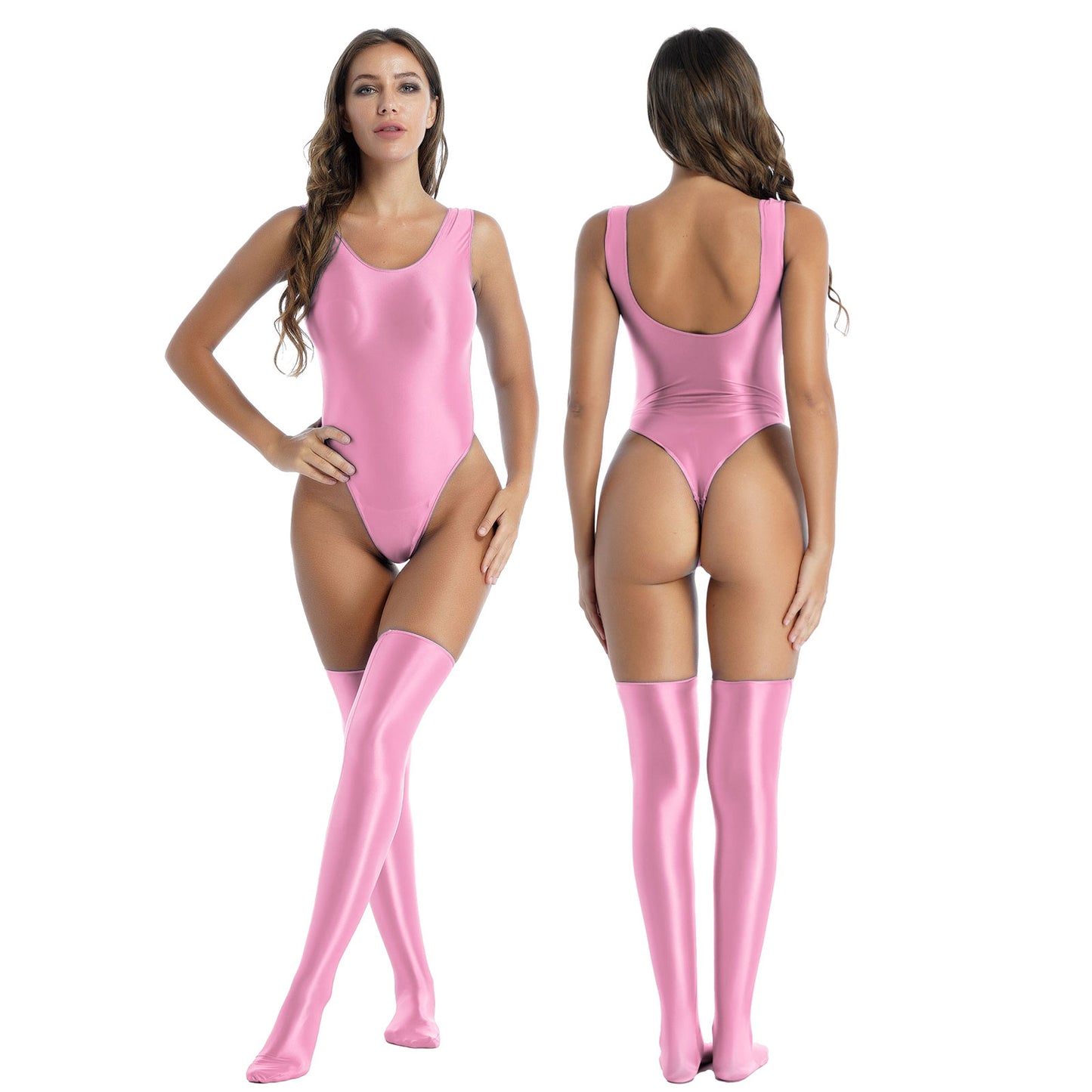 Women Sexy High Cut Bodysuit with Stocking Outfits Metallic Glossy Sleeveless Stretchy Tights One-piece Swimsuit Clubwear