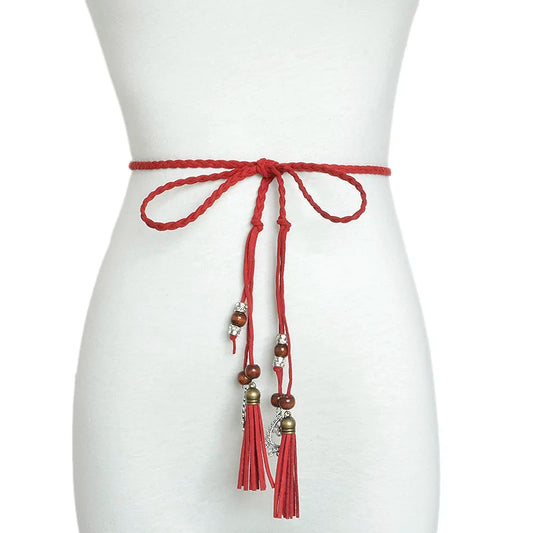 2018 Fashion Women's Handmade Cute Braided Belt Retro Tassel Thin Section Belt Dress Bow Waist Rope Waist Chain Red Bg-642