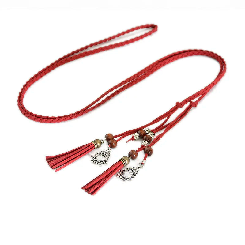 2018 Fashion Women's Handmade Cute Braided Belt Retro Tassel Thin Section Belt Dress Bow Waist Rope Waist Chain Red Bg-642