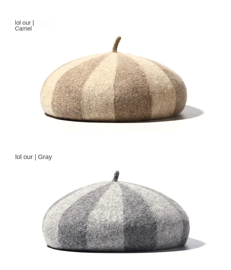 Women's Hat 100% Wool Beret Knitted Tweed Contrast Stripe Japanese Painter British Retro Autumn Winter Hats