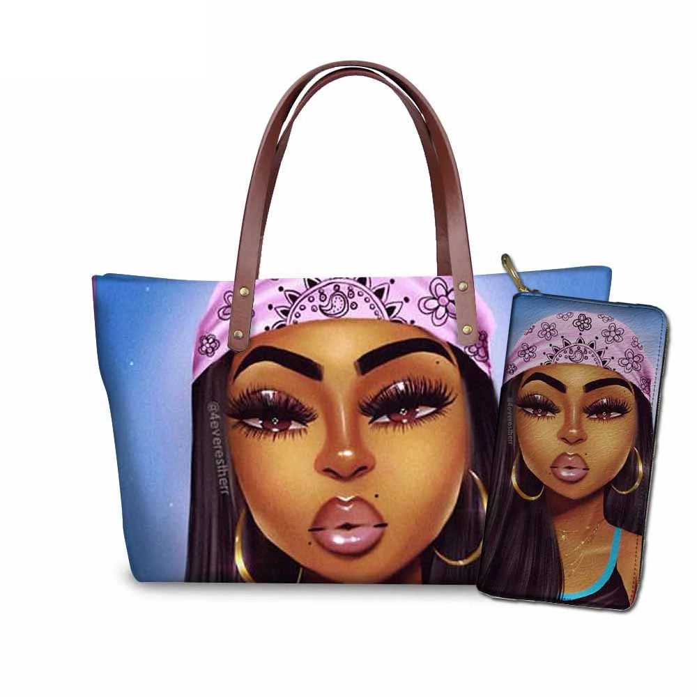 MOQ1 Customized Logo Designer Luxury Women's Handbags Black African Beauty Girl Printed Purses Set Top Handle Handbag for Summer