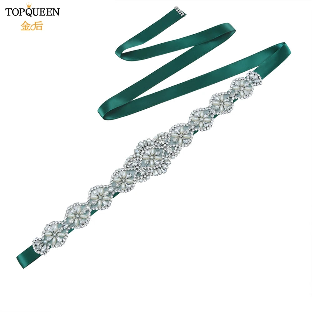 TOPQUEEN Bridal Belts Bling Wedding Women Jewelry Silver Rhinestone Pearl Crystal Sparkly Party Formal Dress Diamond Sash S161