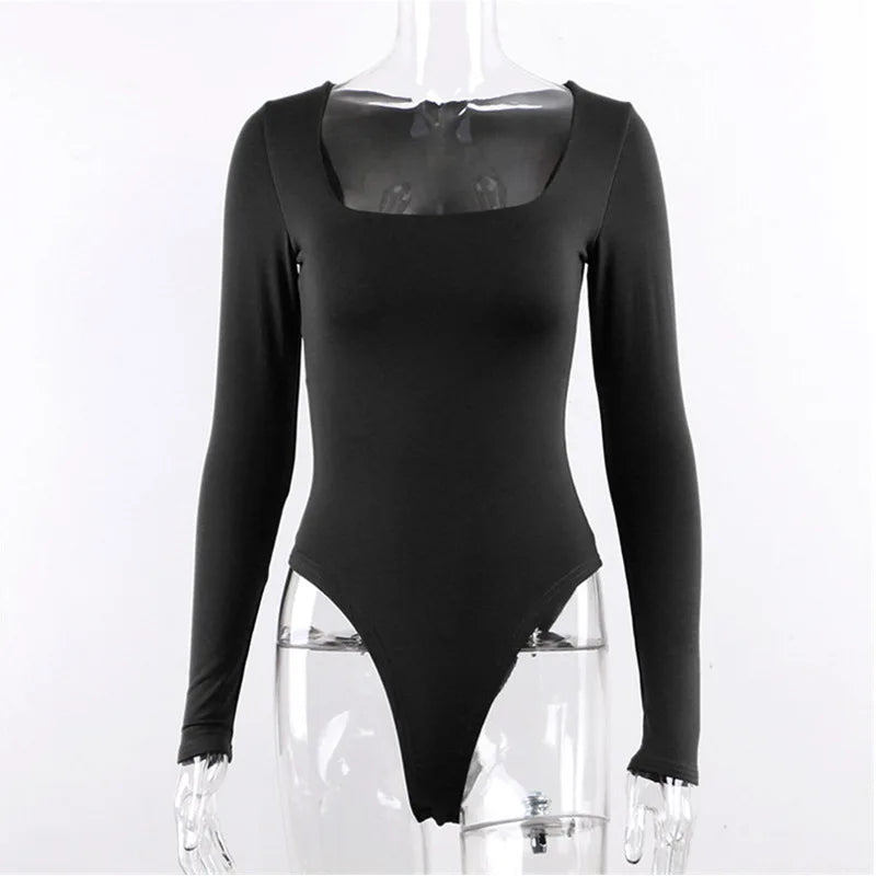 Bodysuit Long Sleeve Women Body streetwear dropshipping Sexy Bodycon Square Neck Sheath Crotch Basic Black Overalls Top