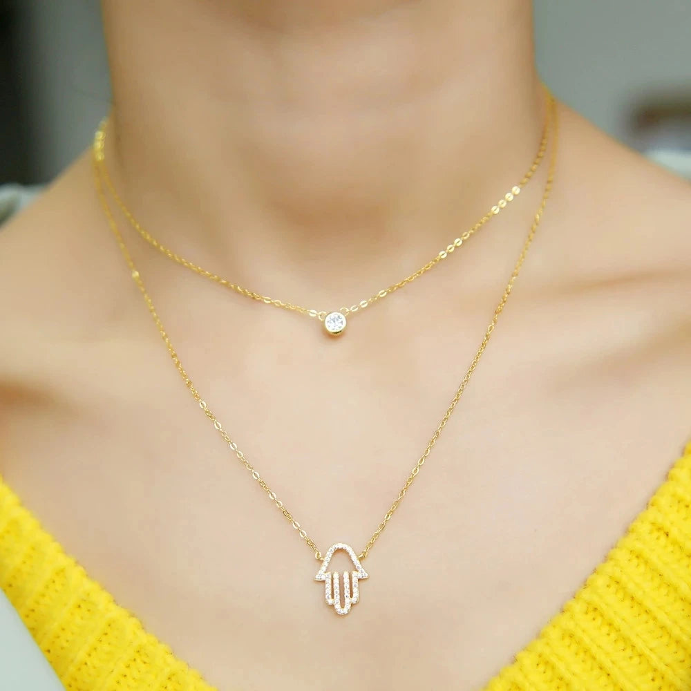 New Sexy Women Jewelry Lucky Hamsa Hand Evil Eye Cham Drop Silver Color Paved Cz Jewelry Double Layer Necklace Real 925 Silver