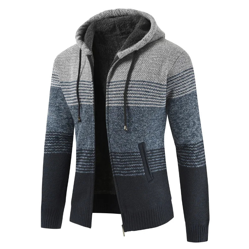 Sweater Coat Men 2024 Winter Thick Warm Hooded Cardigan Jumpers Men Striped Wool Liner Zipper Fleece Coats Men