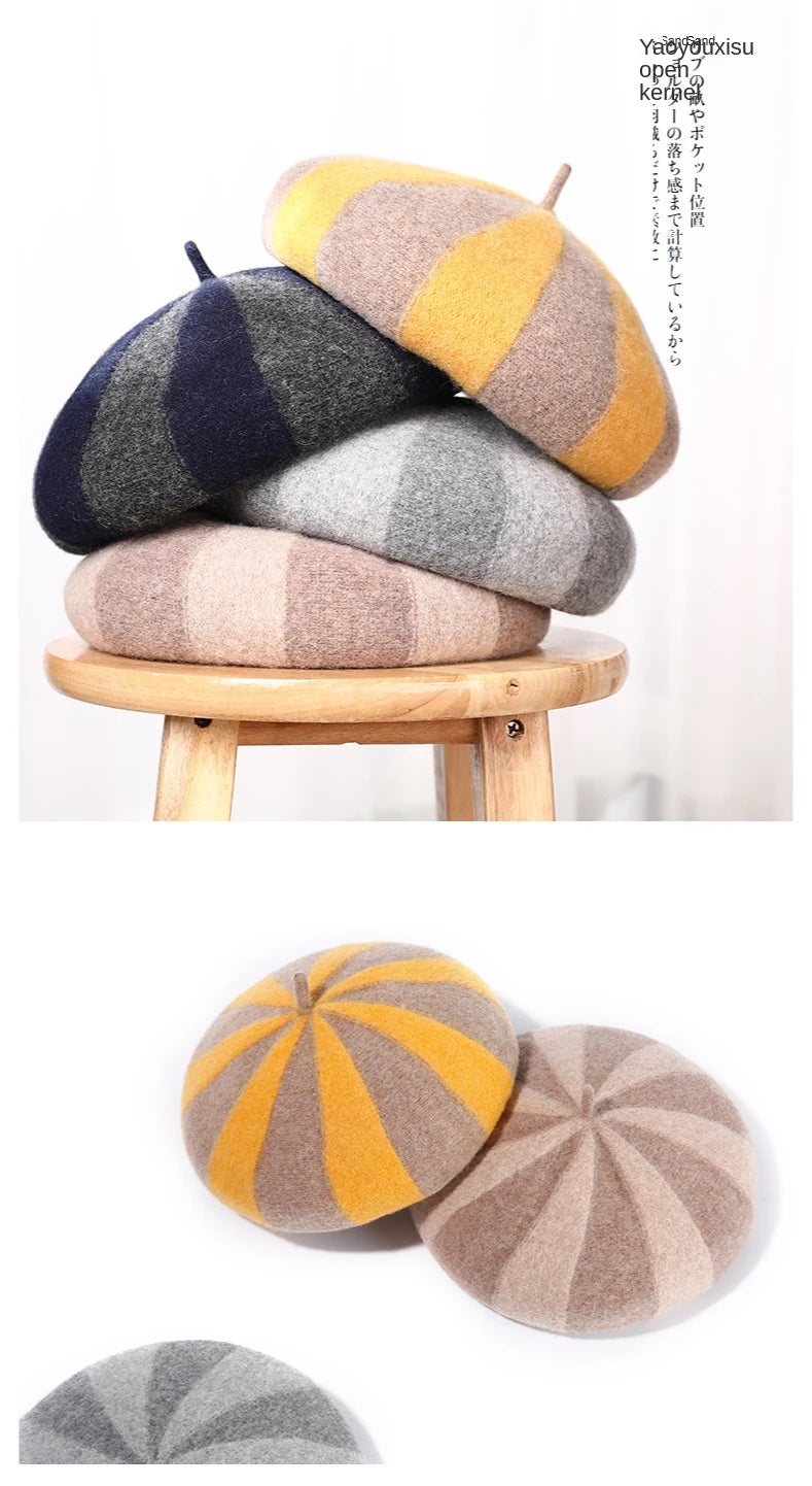 Women's Hat 100% Wool Beret Knitted Tweed Contrast Stripe Japanese Painter British Retro Autumn Winter Hats