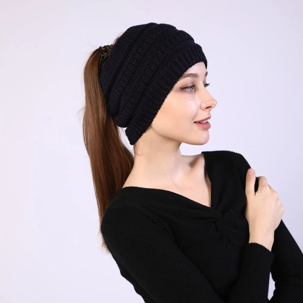 hats for women knitted hat cotton winter beanies with ponytails black knit fleece pink Autumn Solid Color ladies cap