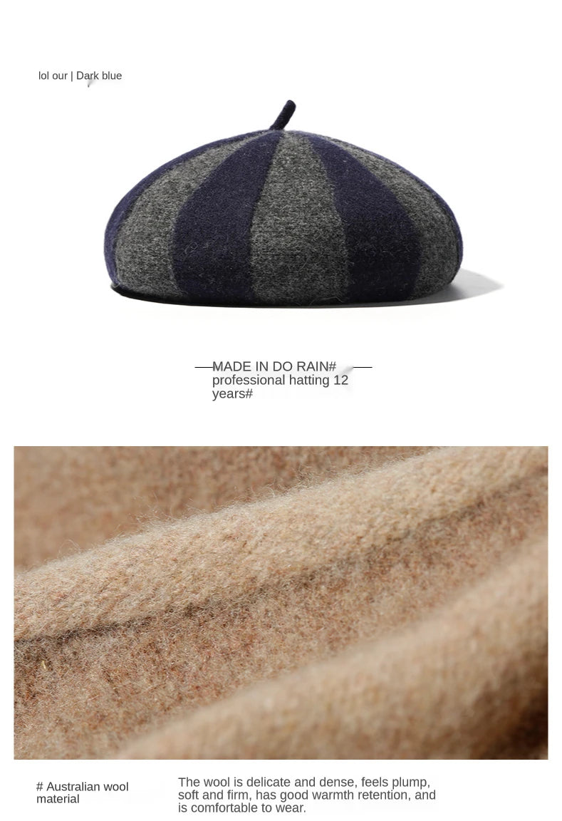 Women's Hat 100% Wool Beret Knitted Tweed Contrast Stripe Japanese Painter British Retro Autumn Winter Hats