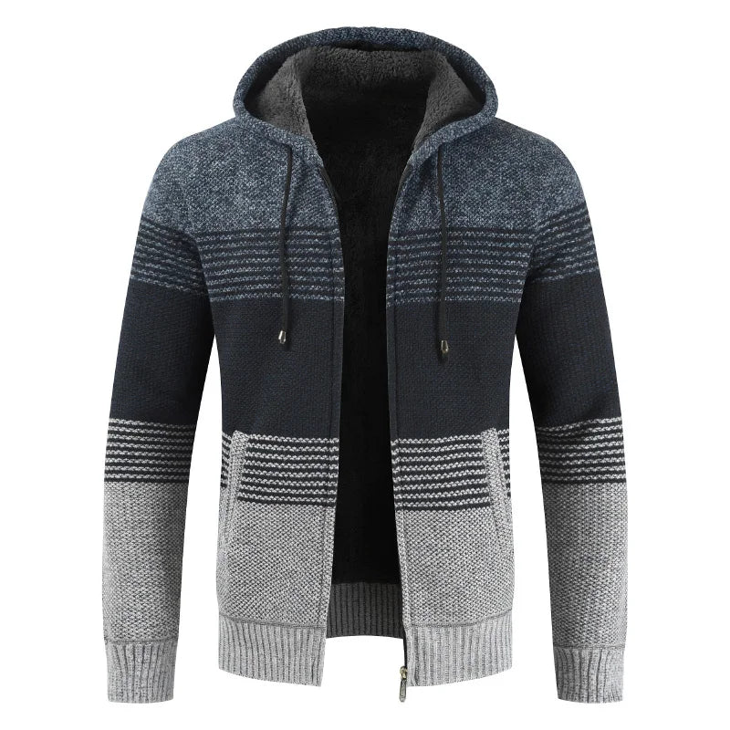 Sweater Coat Men 2024 Winter Thick Warm Hooded Cardigan Jumpers Men Striped Wool Liner Zipper Fleece Coats Men