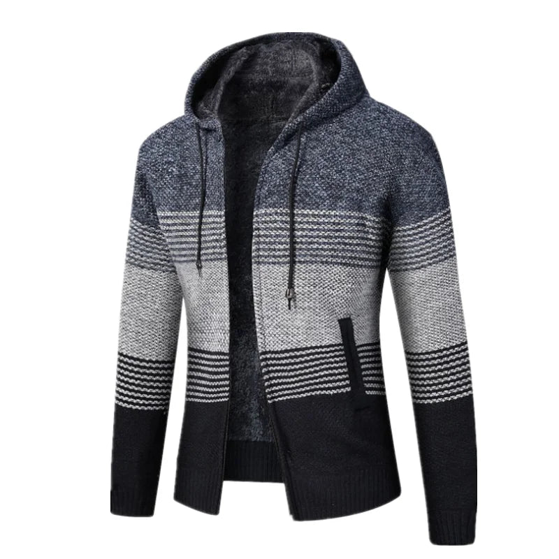 Sweater Coat Men 2024 Winter Thick Warm Hooded Cardigan Jumpers Men Striped Wool Liner Zipper Fleece Coats Men