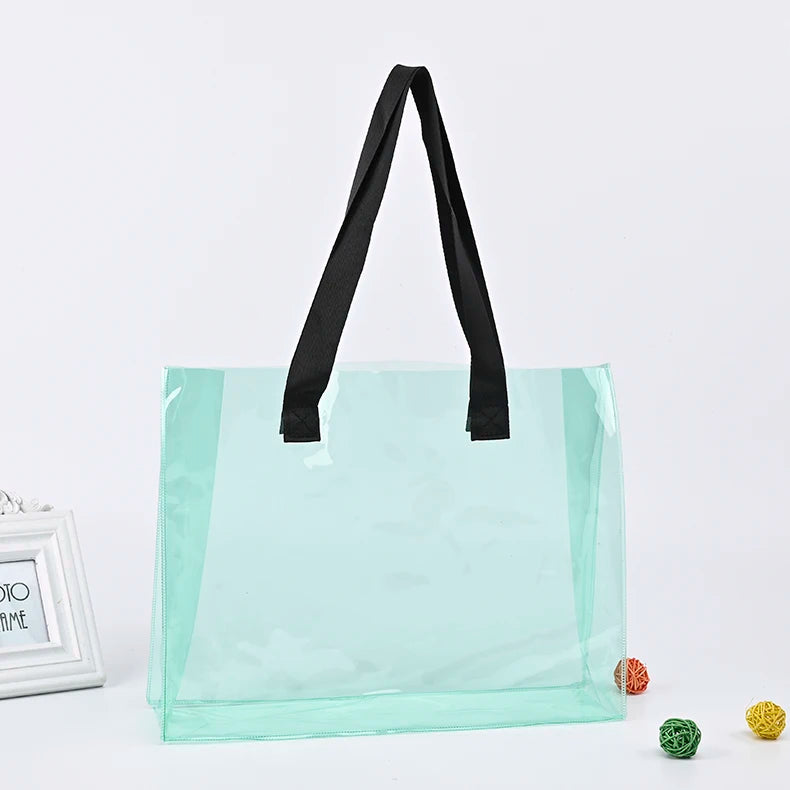 Ready to Ship Can Custom logo Luxury Large Handbags Women Tote Bag Pvc Iridescent Holographic Tote Beach Bag PU Ribbon Handles
