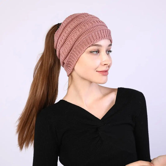 hats for women knitted hat cotton winter beanies with ponytails black knit fleece pink Autumn Solid Color ladies cap