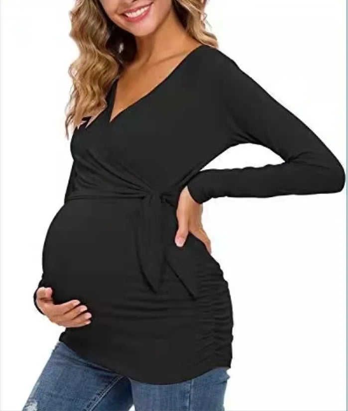 Maternity Wear T-shirt Shirt Maternity Wear Spring and Autumn Tops Breastfeeding V-neck Sexy Tops Pregnant Women Breastfeeding