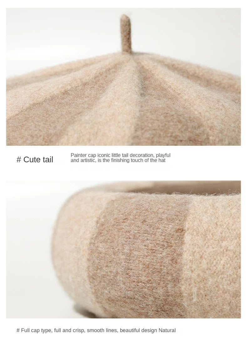 Women's Hat 100% Wool Beret Knitted Tweed Contrast Stripe Japanese Painter British Retro Autumn Winter Hats