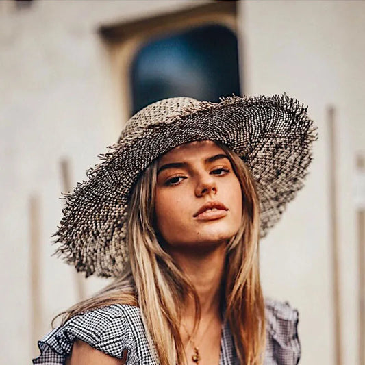 Summer hats for women Retro flat hat brim hand-made Hollow design raffia straw hat ladies outdoor sun protection beach straw hat