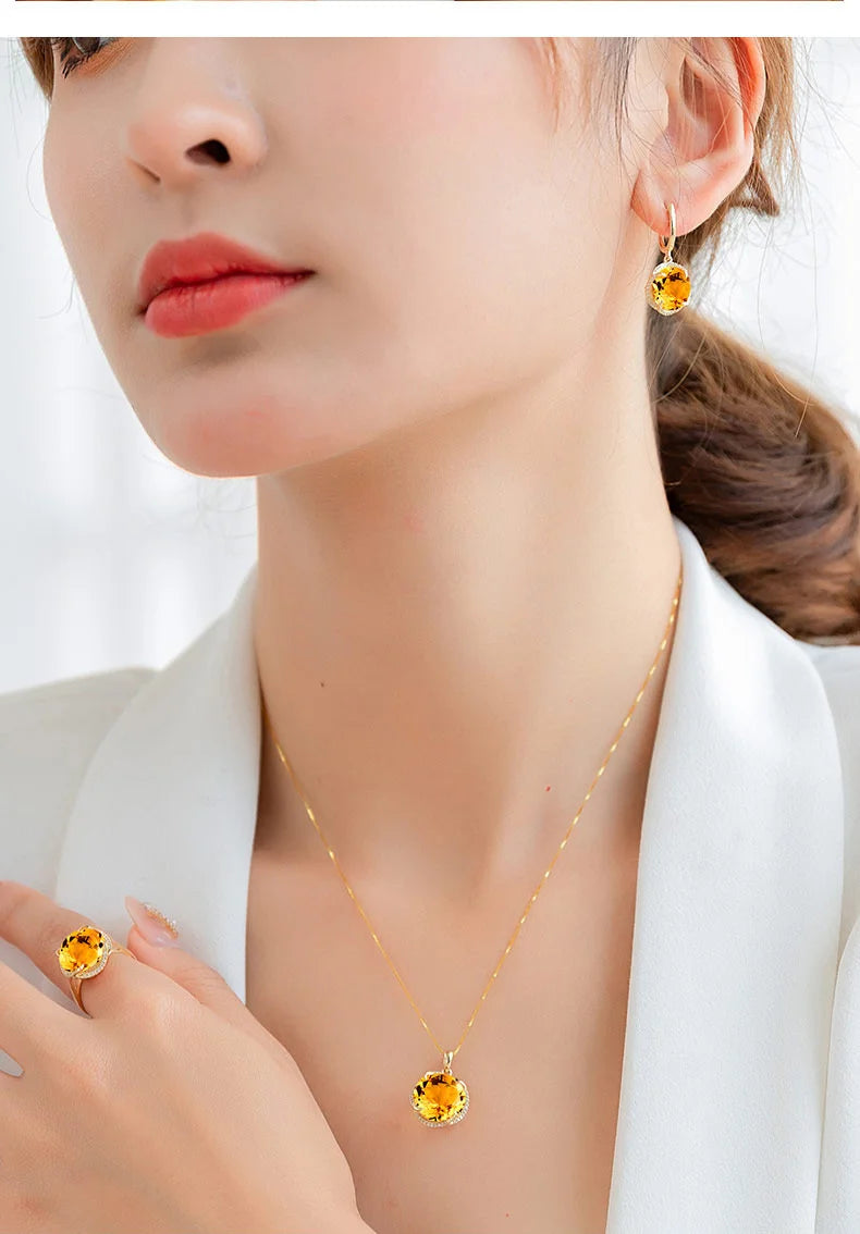 JoiasHome Charms Jewelry Sets for Women Fashion Yellow Crystal Ring Earrings Necklace Female Party Silver 925 Jewelry Wholesale