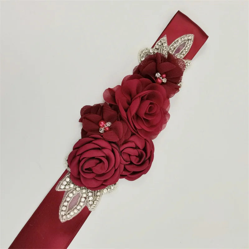 Hot sale wedding belt silk rose belt bridal pearl rhinestone flower belt bridal dress beaded handmade rose wedding belt