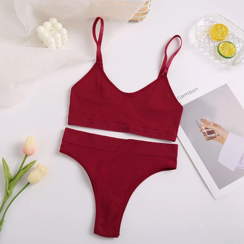 Women Bra Set Sexy Lingerie Female Underwear Set Bralette Ribbed Tops Girls Fashion Brassiere Basic Stretchy Tank Crop Tops