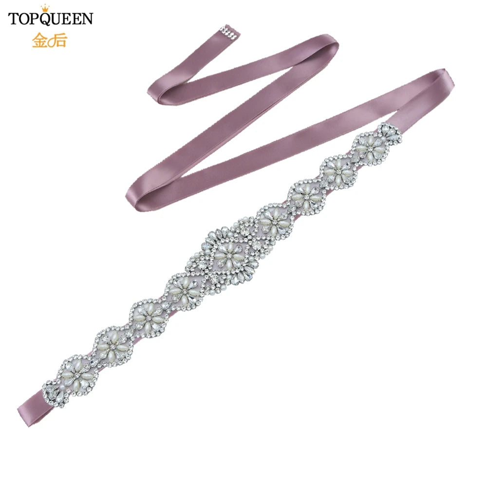 TOPQUEEN Bridal Belts Bling Wedding Women Jewelry Silver Rhinestone Pearl Crystal Sparkly Party Formal Dress Diamond Sash S161