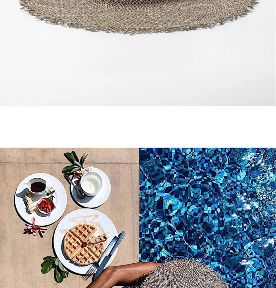 Summer hats for women Retro flat hat brim hand-made Hollow design raffia straw hat ladies outdoor sun protection beach straw hat