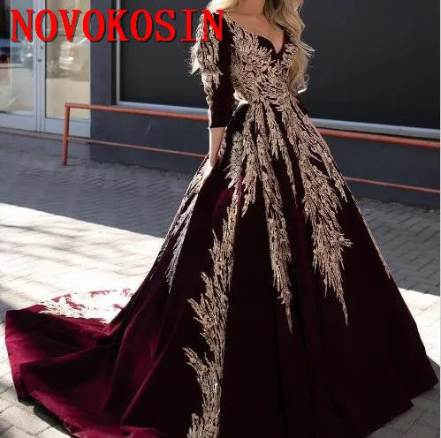 Customize Dubai Arabic Ball Gown Velvet Evening Dress Lace Appliqued Celebrity V Neck Long Sleeve Evening Gowns Formal Dress