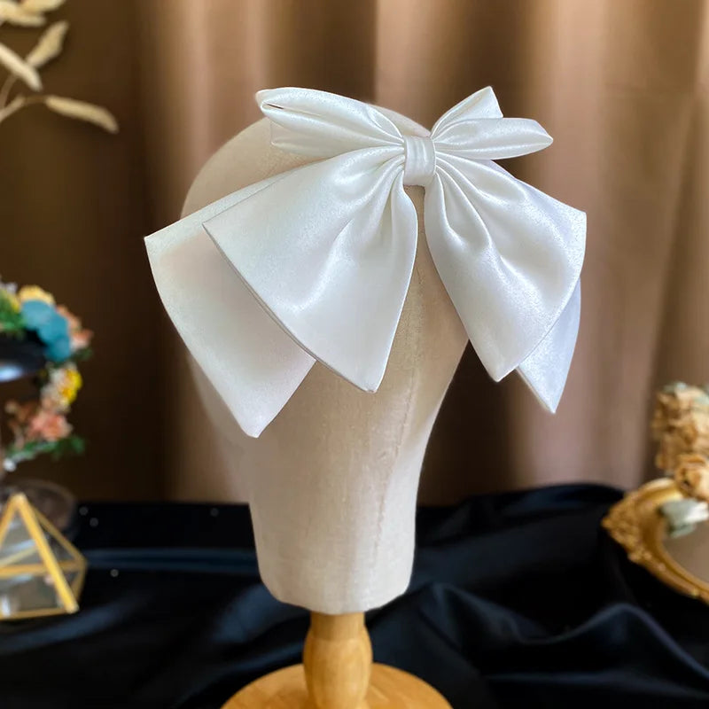 Bridal White Satin Bow Barrettes Wedding  Side Clip  Headdress Elegant  hair accessories for women