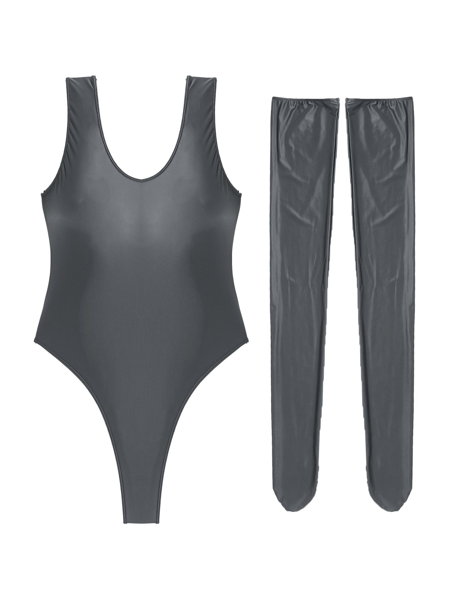 Women Sexy High Cut Bodysuit with Stocking Outfits Metallic Glossy Sleeveless Stretchy Tights One-piece Swimsuit Clubwear