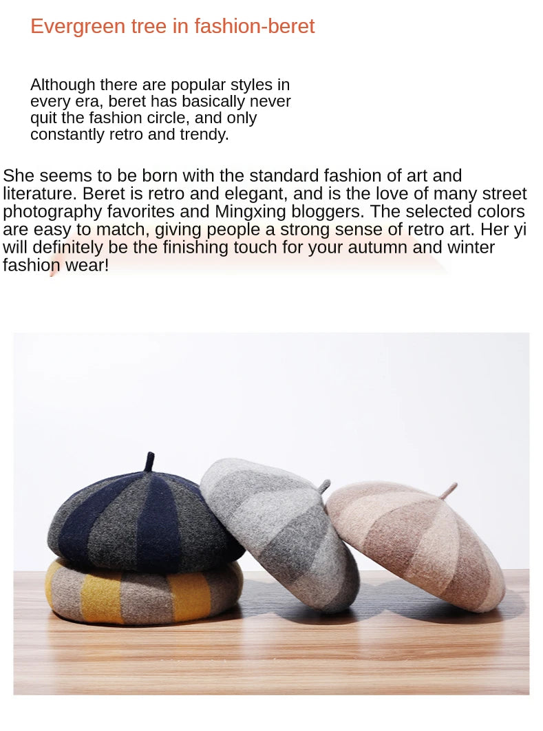 Women's Hat 100% Wool Beret Knitted Tweed Contrast Stripe Japanese Painter British Retro Autumn Winter Hats