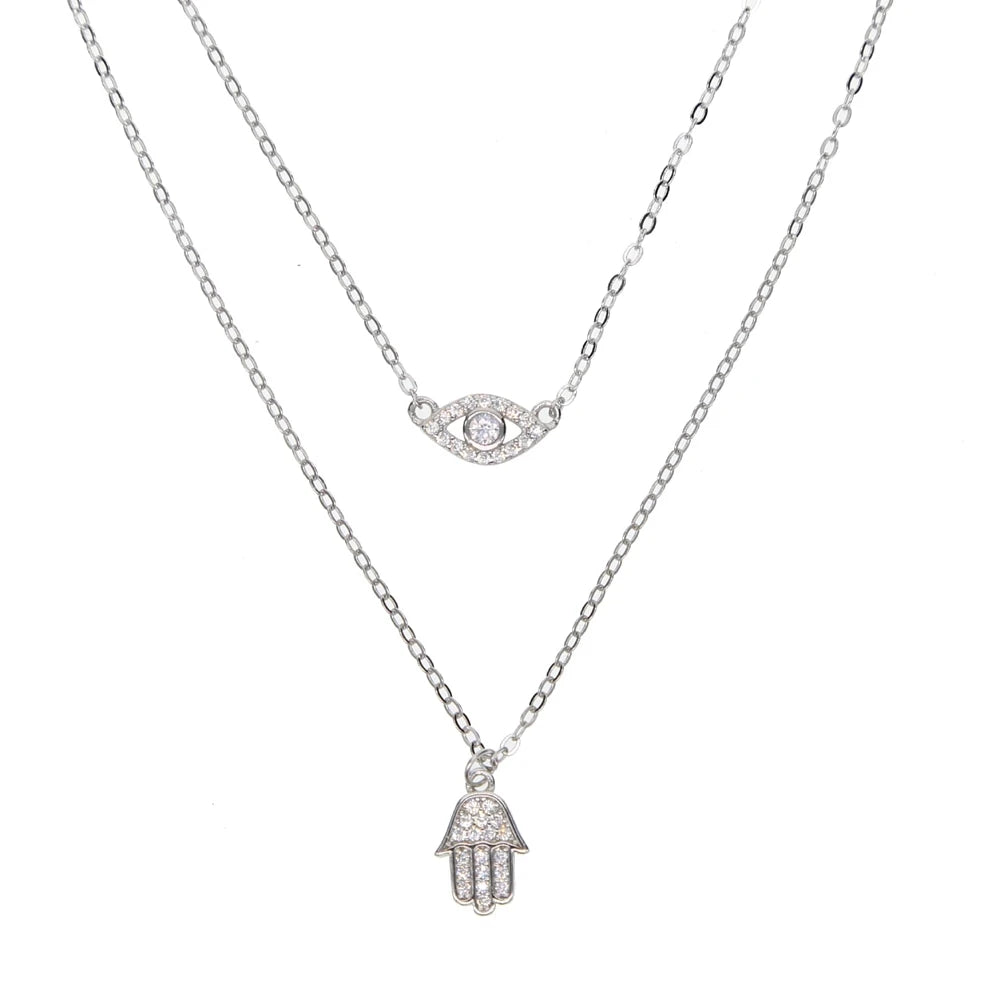 New Sexy Women Jewelry Lucky Hamsa Hand Evil Eye Cham Drop Silver Color Paved Cz Jewelry Double Layer Necklace Real 925 Silver