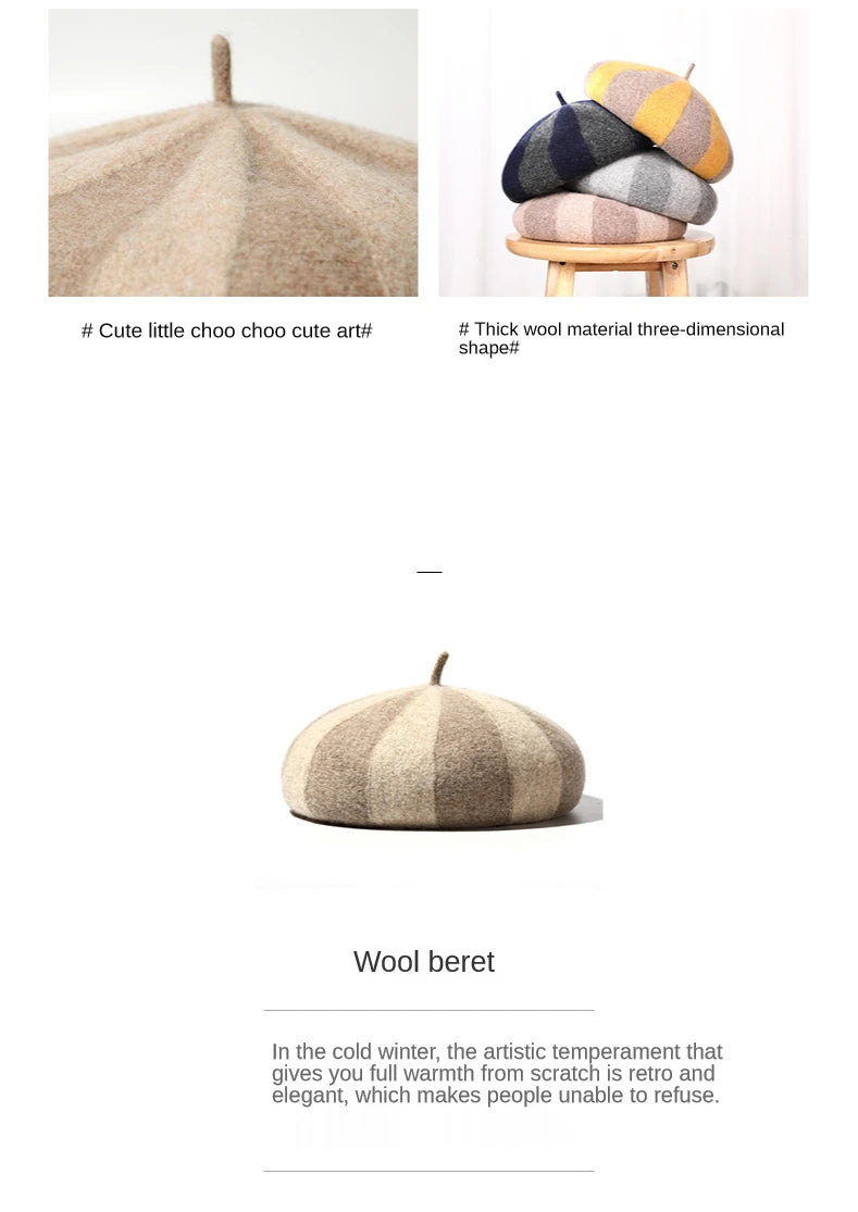 Women's Hat 100% Wool Beret Knitted Tweed Contrast Stripe Japanese Painter British Retro Autumn Winter Hats