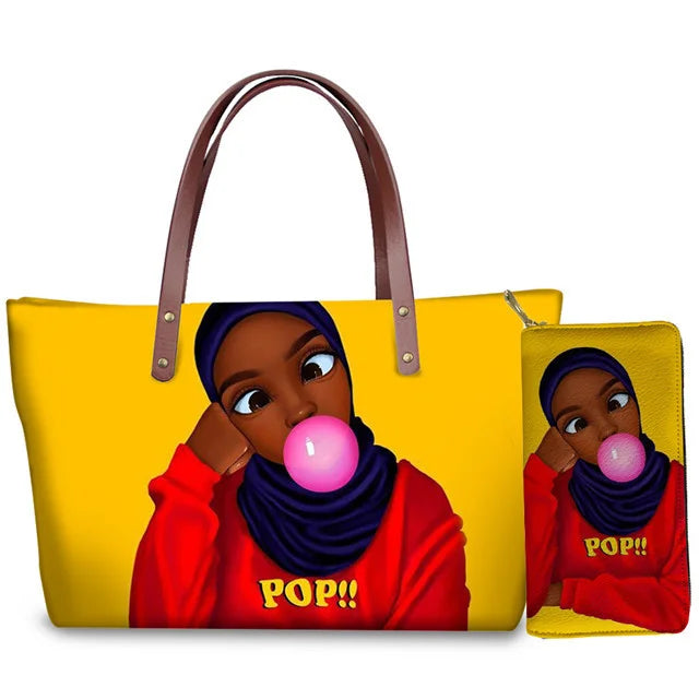 MOQ1 Customized Logo Designer Luxury Women's Handbags Black African Beauty Girl Printed Purses Set Top Handle Handbag for Summer