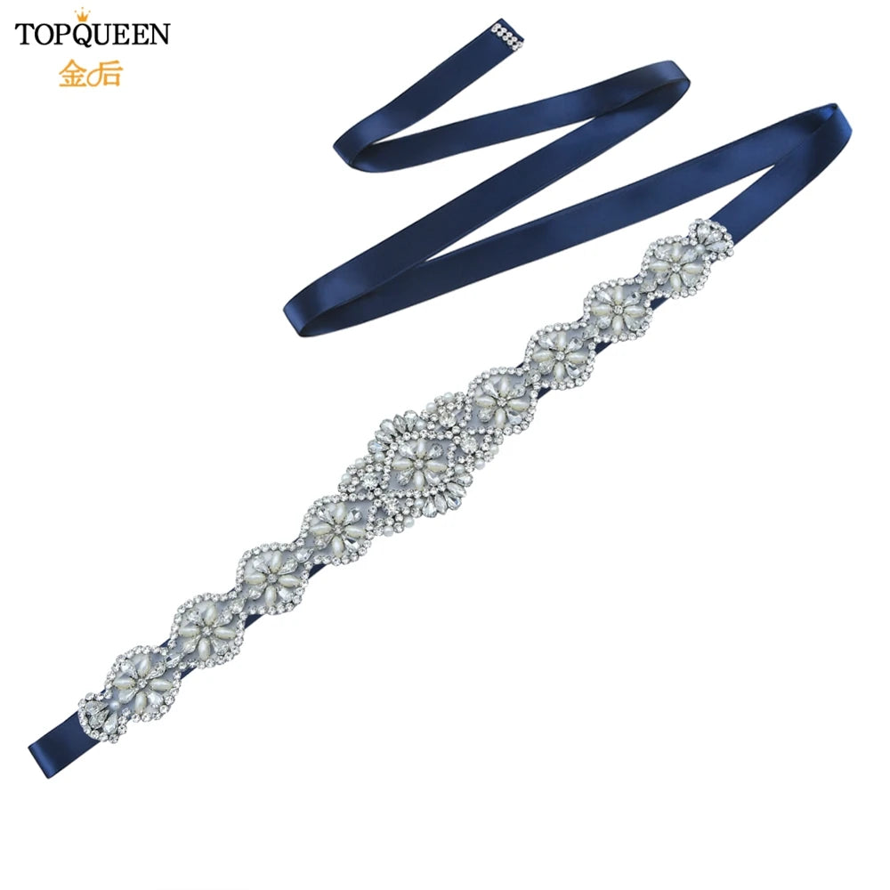TOPQUEEN Bridal Belts Bling Wedding Women Jewelry Silver Rhinestone Pearl Crystal Sparkly Party Formal Dress Diamond Sash S161