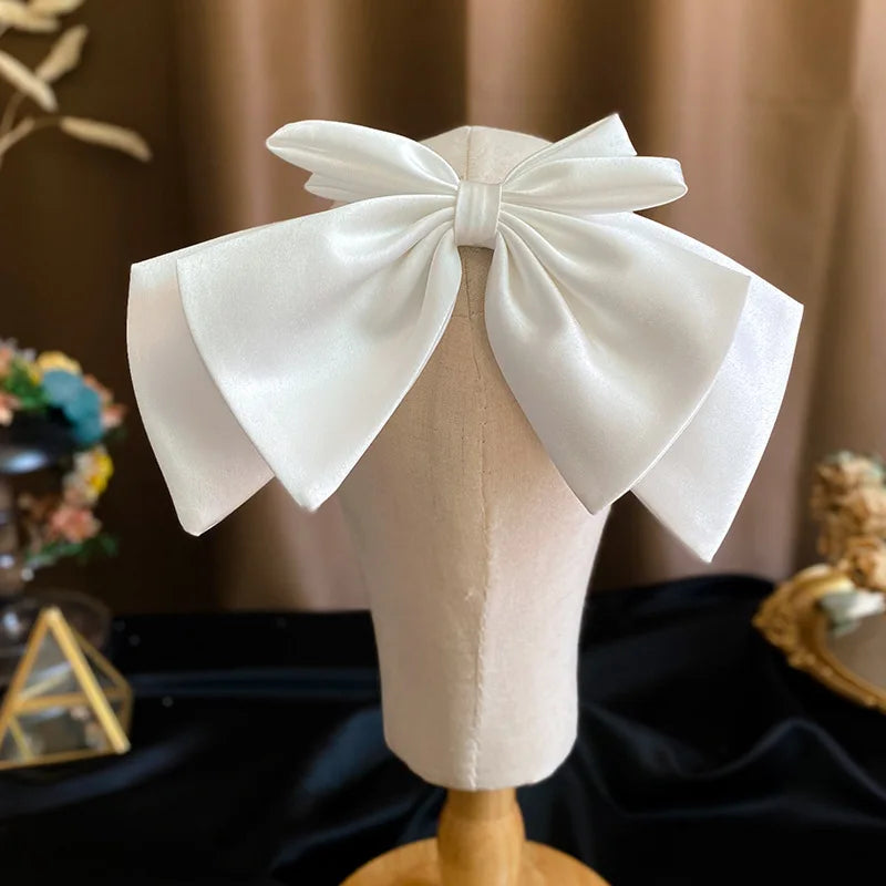 Bridal White Satin Bow Barrettes Wedding  Side Clip  Headdress Elegant  hair accessories for women
