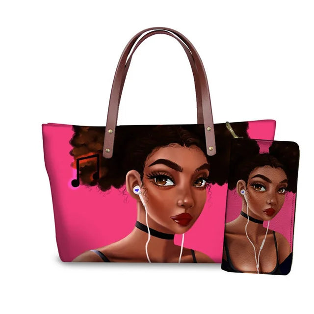 MOQ1 Customized Logo Designer Luxury Women's Handbags Black African Beauty Girl Printed Purses Set Top Handle Handbag for Summer