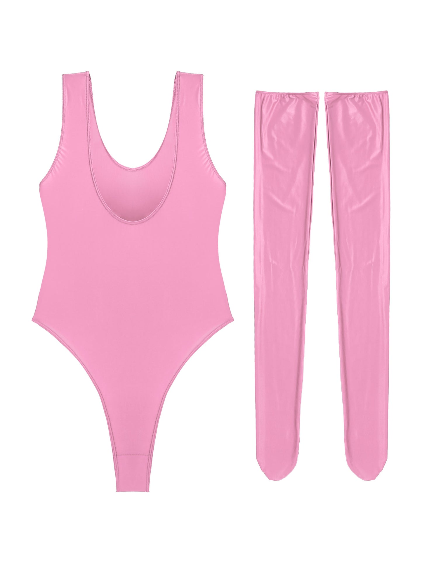 Women Sexy High Cut Bodysuit with Stocking Outfits Metallic Glossy Sleeveless Stretchy Tights One-piece Swimsuit Clubwear