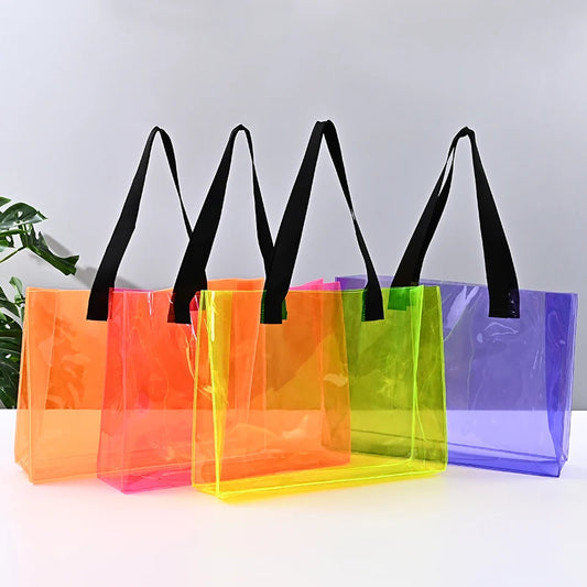 Ready to Ship Can Custom logo Luxury Large Handbags Women Tote Bag Pvc Iridescent Holographic Tote Beach Bag PU Ribbon Handles