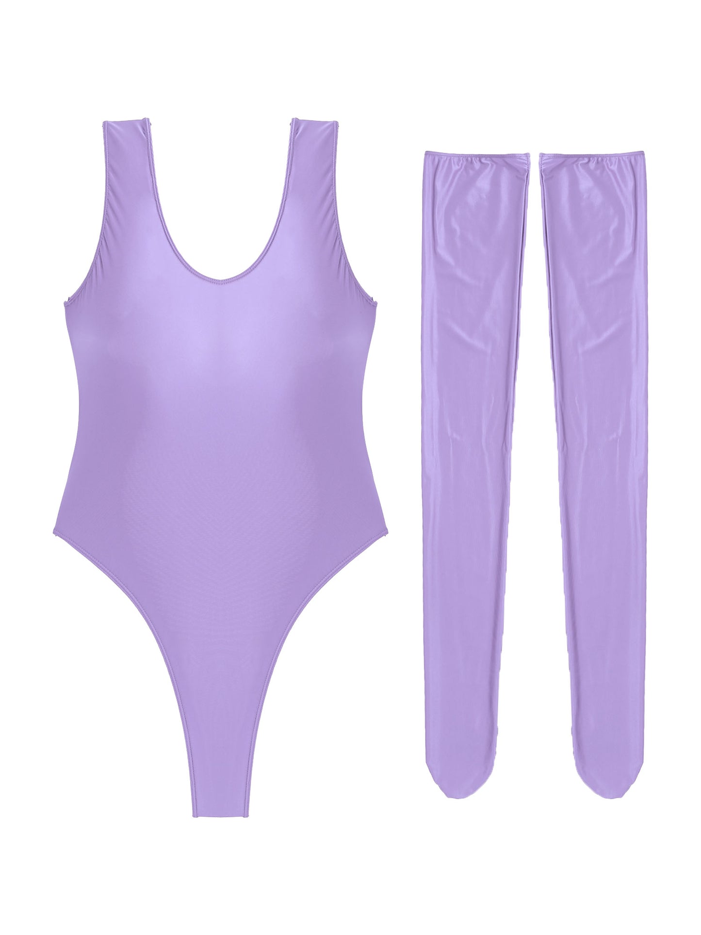 Women Sexy High Cut Bodysuit with Stocking Outfits Metallic Glossy Sleeveless Stretchy Tights One-piece Swimsuit Clubwear