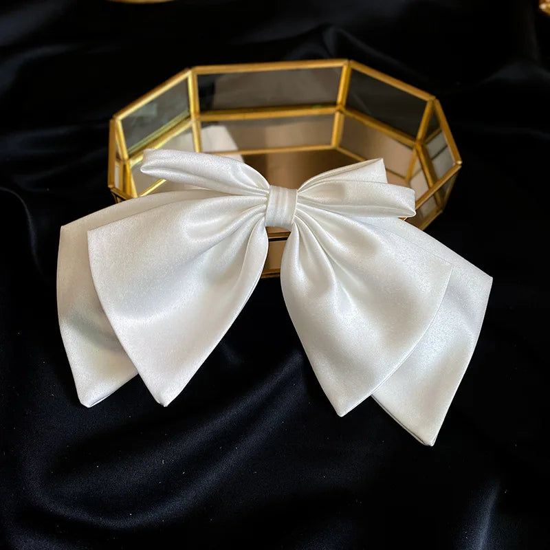 Bridal White Satin Bow Barrettes Wedding  Side Clip  Headdress Elegant  hair accessories for women